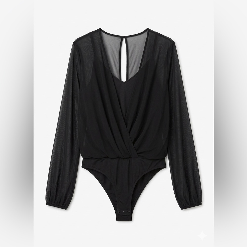 Express Black Sheer Mesh Overlay Long Sleeve Bodysuit | Size Small